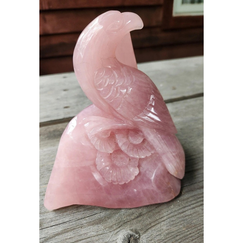 Rose Quart Parrot,Carved Crystal Bird,Heart and Throat Chakra